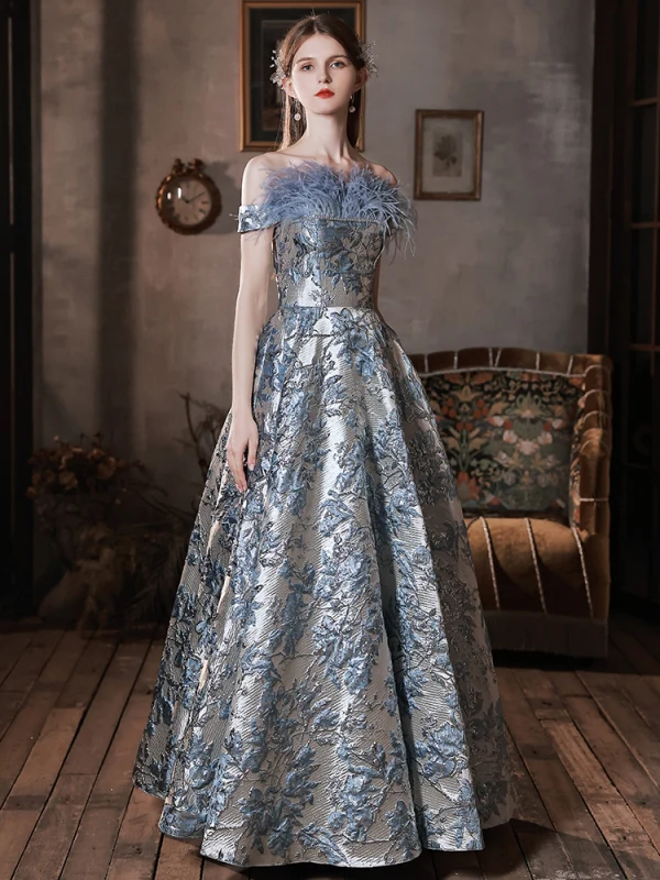 Charming Sky Blue Printing Prom Dresses 2022 A-Line / Princess Tassel Off-The-Shoulder Rhinestone Sequins Short Sleeve Backless Floor-Length / Long Formal Dresses