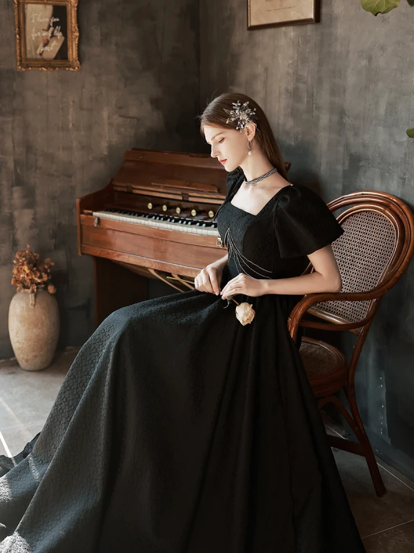 Fashion Black Prom Dresses 2022 A-Line Princess Square Neckline Short Sleeve Backless