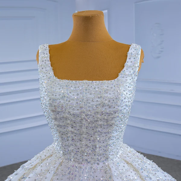 High End Weiß Glanz Perlenstickerei Pailletten Brautkleider / Hochzeitskleider 2021 Ballkleid Eckiger Ausschnitt Ärmellos Rückenfreies Kathedrale Schleppe Hochzeit