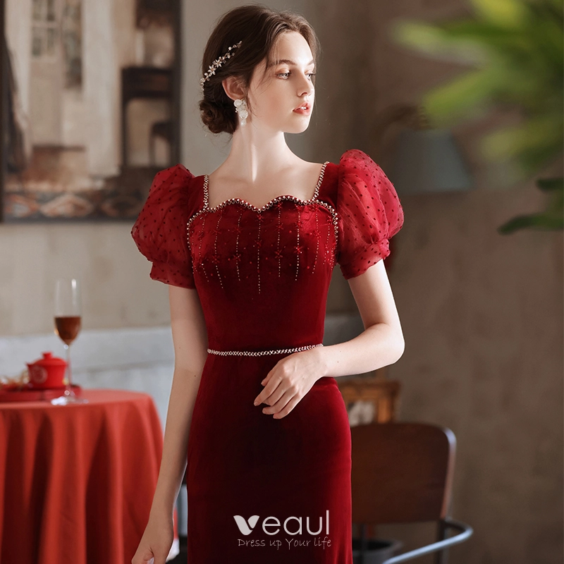 Elegant Red Evening Dresses 2022 Trumpet / Mermaid Bow Off-The-Shoulder  Short Sleeve Backless Floor-Length / Long Evening Party Formal Dresses