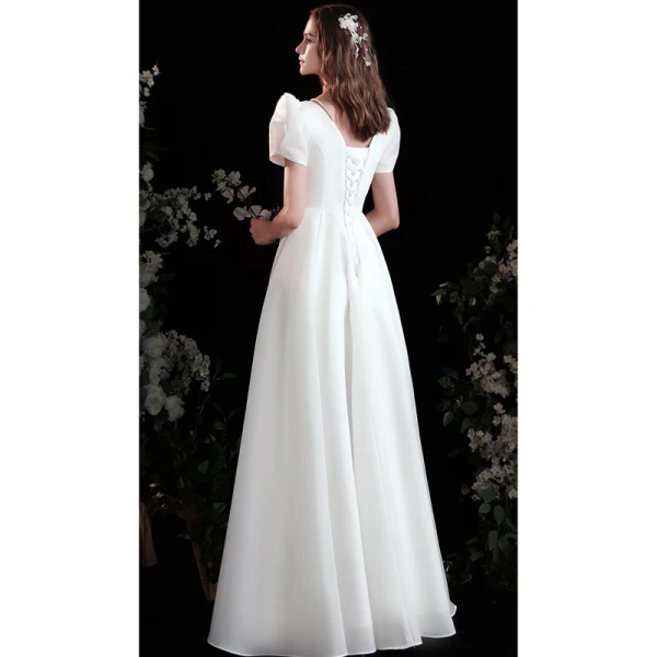 Vintage / Retro Ivory Satin Solid Color Prom Dresses 2022 A-Line / Princess Square Neckline Puffy Short Sleeve Backless Floor-Length / Long Formal Dresses