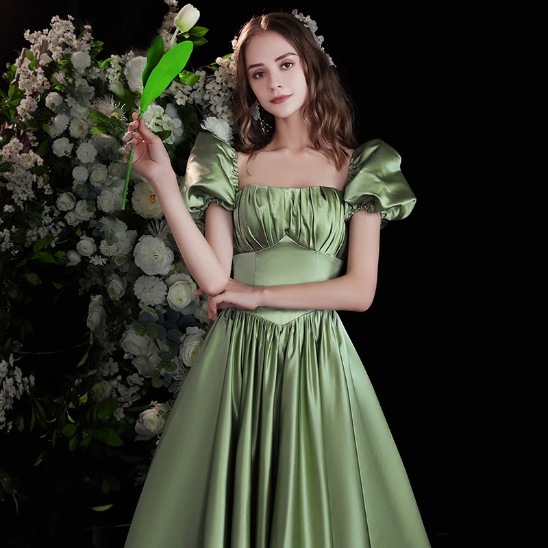 Elegant Sage Green Solid Color Satin Prom Dresses 2022 A-Line Princess Square Neckline
