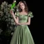 Elegant Sage Green Solid Color Satin Prom Dresses 2022 A-Line / Princess Square Neckline Puffy Short Sleeve Backless Floor-Length / Long Formal Dresses