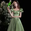 Elegant Sage Green Solid Color Satin Prom Dresses 2022 A-Line / Princess Square Neckline Puffy Short Sleeve Backless Floor-Length / Long Formal Dresses