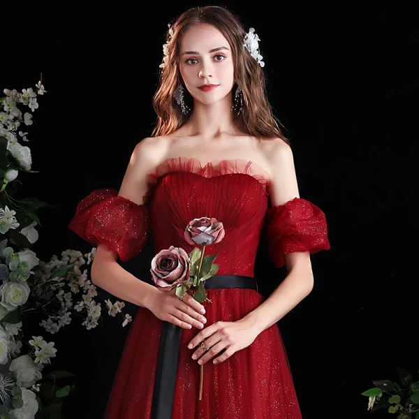 Chic / Beautiful Burgundy Prom Dresses 2022 A-Line / Princess Off-The-Shoulder Sash Bow Short Sleeve Backless Floor-Length / Long Formal Dresses