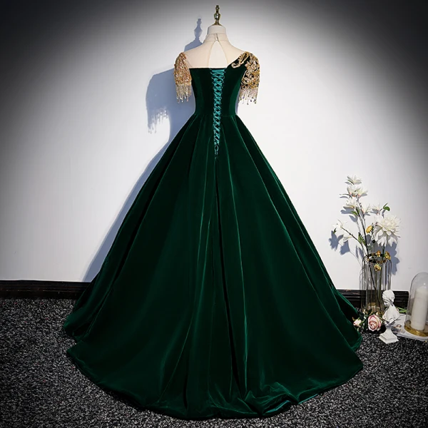 Chinese style Dark Green Suede Prom Dresses 2022 High Neck Beading Sequins Short Sleeve Rhinestone Tassel Floor-Length / Long Formal Dresses