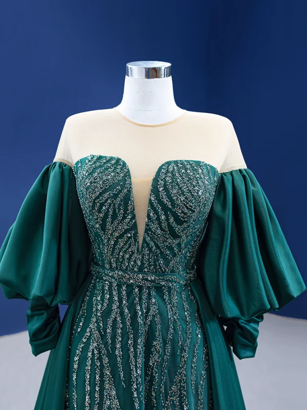 Vintage / Retro High Low Dark Green Beading Sequins Satin Prom Dresses 2022 Trumpet / Mermaid Scoop Neck Puffy 3/4 Sleeve Floor-Length / Long Formal Dresses