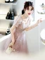 Chic / Beautiful Blushing Pink Prom Dresses 2022 A-Line / Princess V-Neck Pearl Beading Lace Flower Short Sleeve Backless Floor-Length / Long Formal Dresses