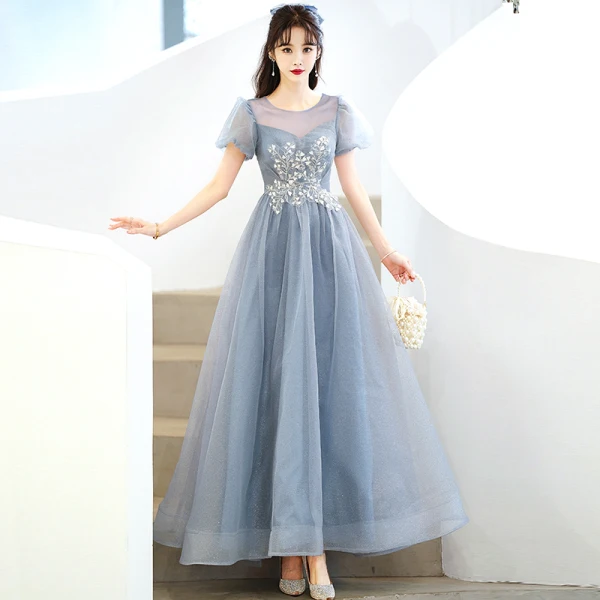 Charmant Bleu Ciel Glitter Robe De Bal 2022 Princesse Encolure Dégagée Perlage Paillettes Manches Courtes Dos Nu Longue Robe De Ceremonie