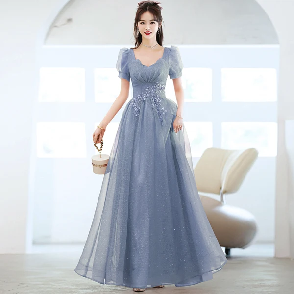 Chic / Beautiful Sky Blue Glitter Prom Dresses 2022 A-Line / Princess V-Neck Beading Sequins Short Sleeve Backless Floor-Length / Long Formal Dresses