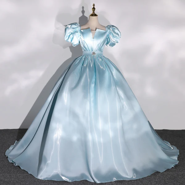 Classy Sage Green Satin Prom Dresses 2022 Ball Gown Square Neckline Puffy Short Sleeve Backless Bow Floor-Length / Long Formal Dresses