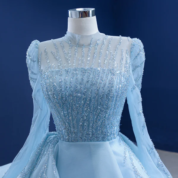 High-end Pool Blue Beading Sequins Prom Dresses 2021 A-Line / Princess High Neck Long Sleeve Sweep Train Formal Dresses