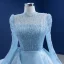 High-end Pool Blue Beading Sequins Prom Dresses 2021 A-Line / Princess High Neck Long Sleeve Sweep Train Formal Dresses