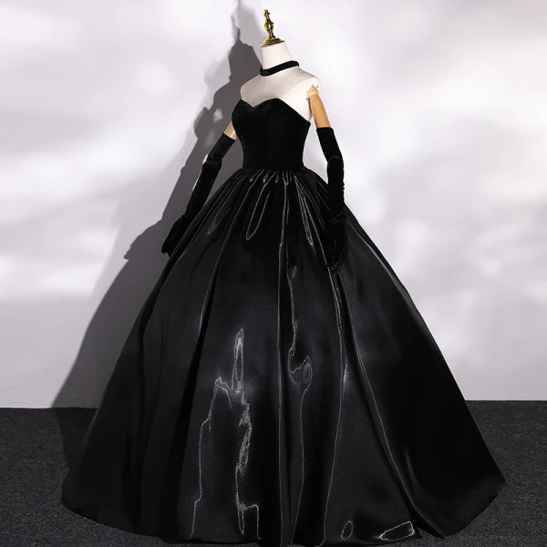 Vintage / Retro Black Satin Suede Prom Dresses 2022 Ball Gown Strapless Sleeveless Backless Floor-Length / Long Formal Dresses