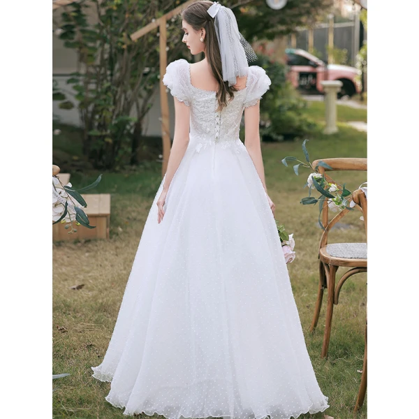 Chic / Beautiful White Lace Flower Wedding Dresses 2022 A-Line / Princess Square Neckline Short Sleeve Backless Floor-Length / Long Wedding