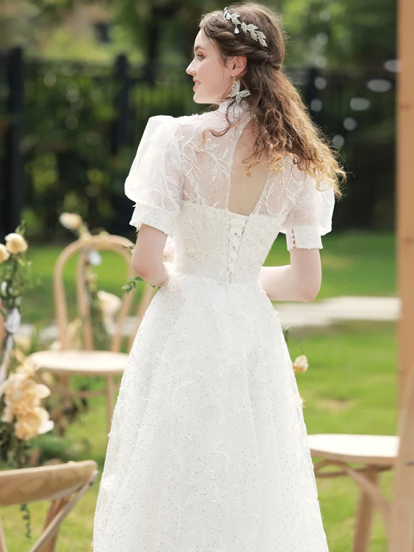 Elegant White Sequins Lace Flower Beach Wedding Dresses 2022 A-Line / Princess High Neck Short Sleeve Backless Floor-Length / Long Wedding