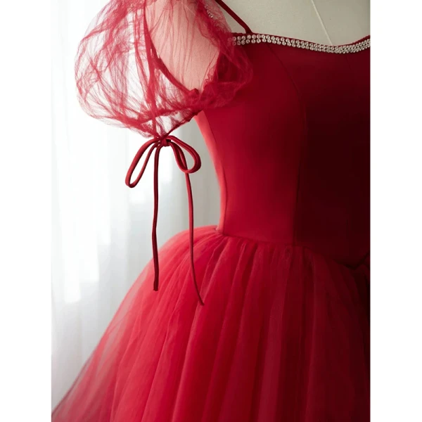 Chic / Beautiful Burgundy Prom Dresses 2022 A-Line / Princess Square Neckline Rhinestone Puffy Short Sleeve Backless Floor-Length / Long Formal Dresses