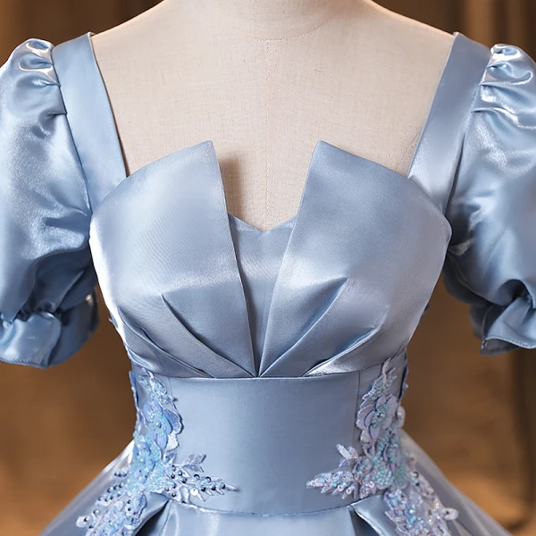 Vintage / Retro Sky Blue Satin Prom Dresses 2022 Ball Gown Square Neckline Puffy Short Sleeve Backless Floor-Length / Long Formal Dresses