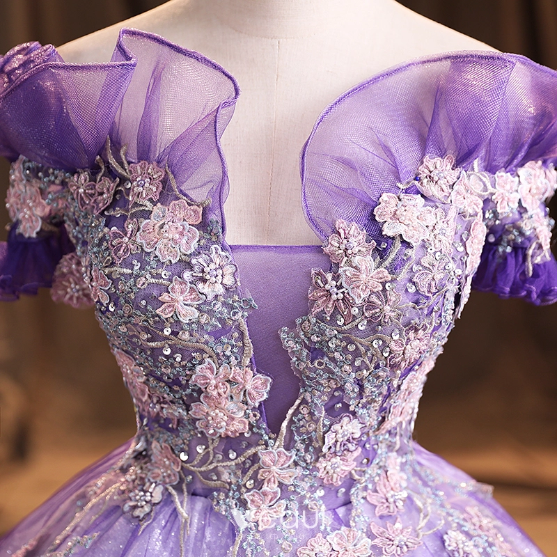 Chic Beautiful Lilac Lace Flower Prom Dresses 2022 Ball Gown Ruffle Off The Shoulder Beading Rhinestone Sequins Pearl Short Sleeve Backless Tea length Formal Dresses