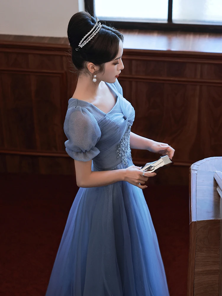 Charming Pool Blue Glitter Prom Dresses 2022 A-Line Princess Square Neckline Rhinestone