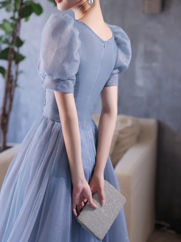 Chic / Belle Bleu Ciel Glitter Robe De Bal 2022 Princesse Encolure Carrée Paillettes Gonflée Manches Courtes Dos Nu Longue Robe De Ceremonie