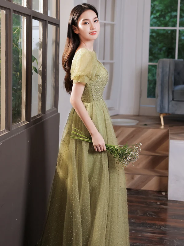 Chic / Belle Vert Trèfle Robe De Bal 2022 Princesse Encolure Carrée Perlage Paillettes Manches Courtes Dos Nu Longue Robe De Ceremonie