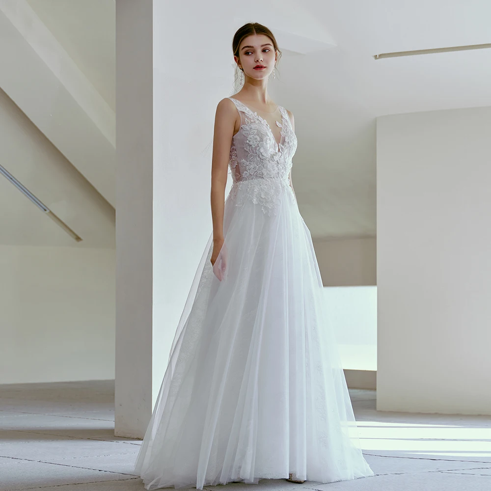 sleeveless beach wedding dresses Ivory A-line Halter Sleeveless Beach Wedding Dresses, Simple Bridal Gown,  MW852 main image 0