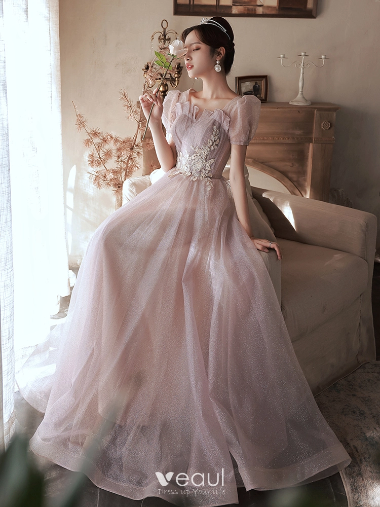 Modest / Simple Blushing Pink Pearl Prom Dresses 2022 A-Line / Princess  Square Neckline Short Sleeve Backless Floor-Length / Long Formal Dresses