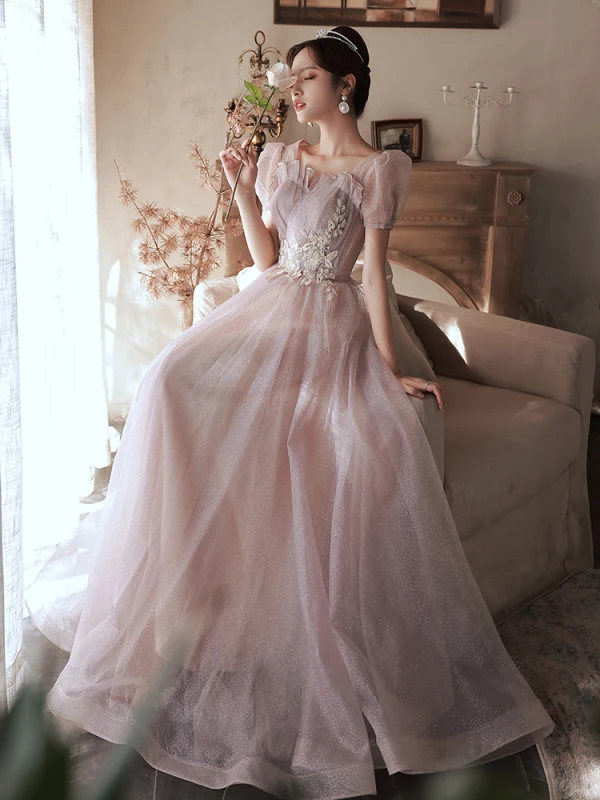 Scintillantes Rougissant Rose Robe De Bal 2022 Princesse Encolure Carrée Perlage Paillettes En Dentelle Fleur Manches Courtes Dos Nu Longue Robe De Ceremonie