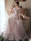 Scintillantes Rougissant Rose Robe De Bal 2022 Princesse Encolure Carrée Perlage Paillettes En Dentelle Fleur Manches Courtes Dos Nu Longue Robe De Ceremonie