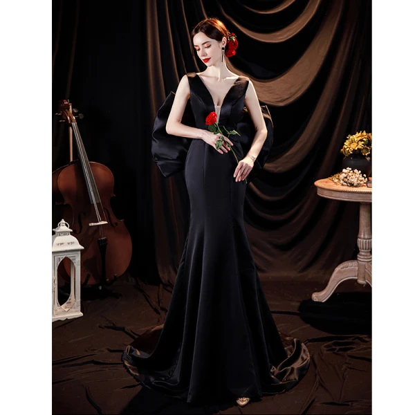 Sexy Black Satin Evening Dresses Cocktail Dresses 2021 Trumpet / Mermaid V-Neck Sleeveless Backless Bow Sweep Train Evening Party Formal Dresses