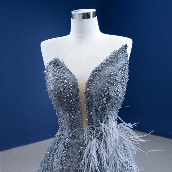 Sexy Gris Robe De Soirée 2021 Trompette / Sirène Bustier Perlage Perle Paillettes Gland Sans Manches Dos Nu Fendue devant Tribunal Train Soirée Robe De Ceremonie