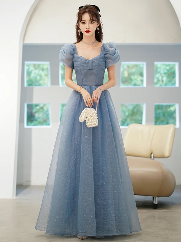 Chic / Beautiful Sky Blue Glitter Sequins Prom Dresses 2022 A-Line / Princess Square Neckline Rhinestone Puffy Short Sleeve Backless Floor-Length / Long Formal Dresses
