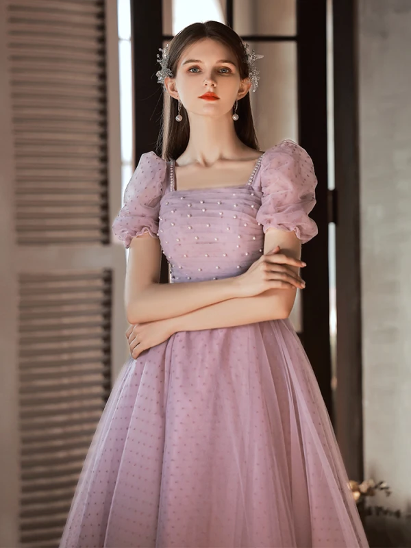 Chic / Beautiful Blushing Pink Pearl Prom Dresses 2022 A-Line / Princess Square Neckline Short Sleeve Backless Floor-Length / Long Formal Dresses