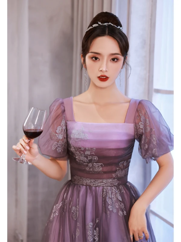 Chic / Beautiful Lilac Glitter Prom Dresses 2022 A-Line / Princess Square Neckline Puffy Short Sleeve Backless Floor-Length / Long Formal Dresses