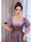 Chic / Beautiful Lilac Glitter Prom Dresses 2022 A-Line / Princess Square Neckline Puffy Short Sleeve Backless Floor-Length / Long Formal Dresses