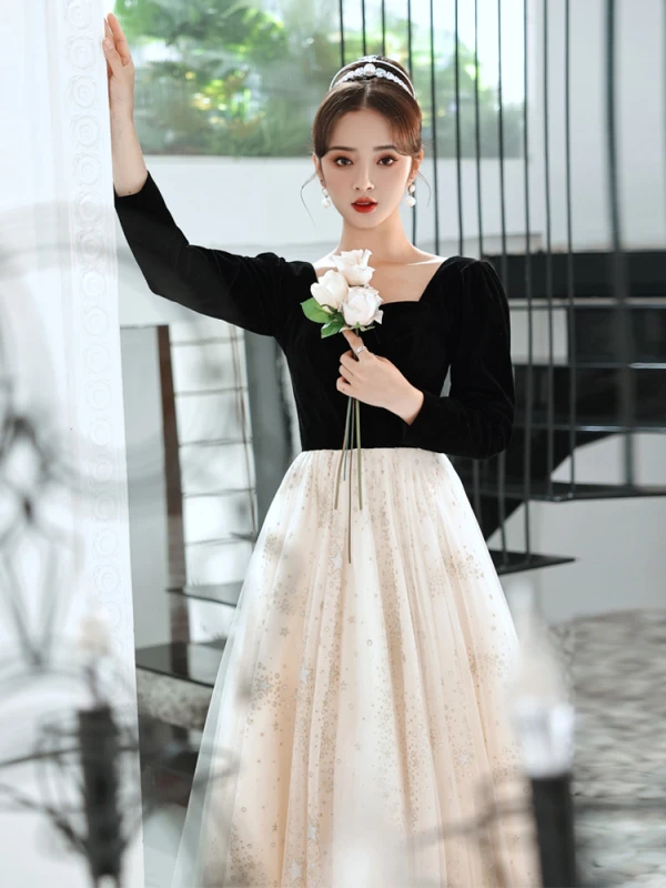 Fashion Black Prom Dresses 2022 A-Line / Princess Square Neckline Star Sequins 3/4 Sleeve Backless Floor-Length / Long Formal Dresses