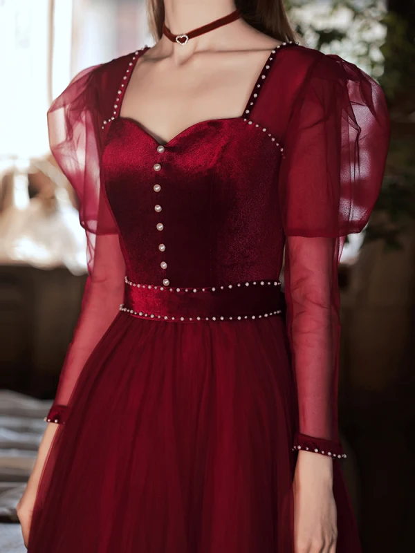 Elegant Burgundy Prom Dresses 2022 A-Line / Princess Pearl Square Neckline Long Sleeve Backless Bow Floor-Length / Long Formal Dresses