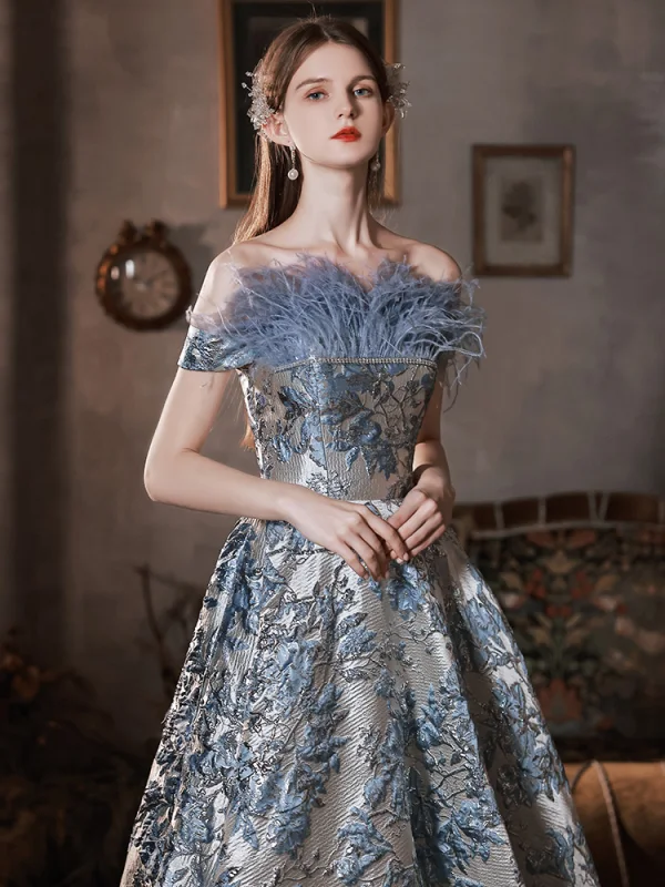 Charming Sky Blue Glitter Prom Dresses 2022 A-Line / Princess Tassel Off-The-Shoulder Rhinestone Sequins Short Sleeve Backless Floor-Length / Long Formal Dresses