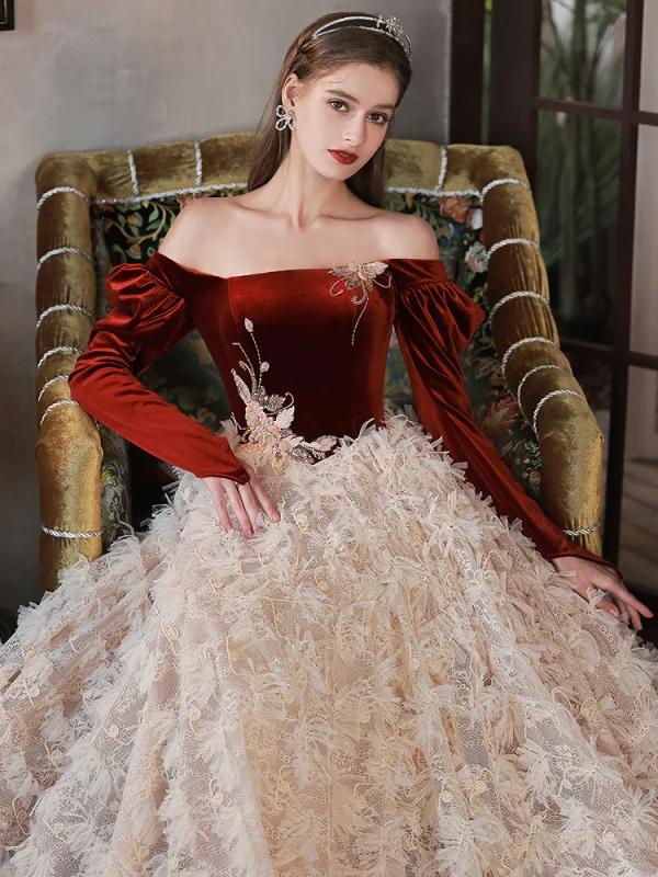 Luxury Gorgeous Burgundy Suede Ruffle Prom Dresses 2022 A-Line Princess Off-The-Shoulder