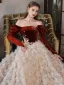 Luxury / Gorgeous Burgundy Suede Ruffle Prom Dresses 2022 A-Line / Princess Off-The-Shoulder Lace Flower Appliques Long Sleeve Backless Floor-Length / Long Prom Formal Dresses