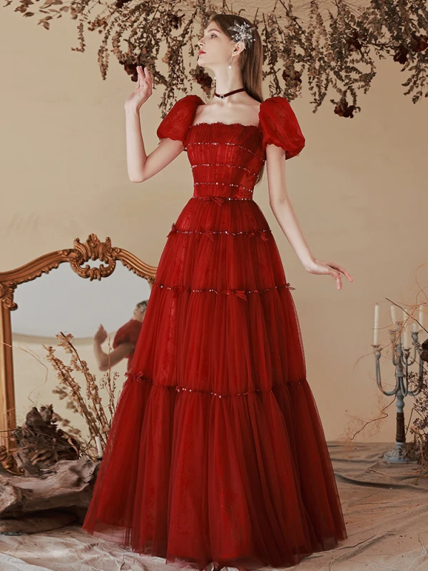 Fashion Burgundy Sequins Prom Dresses 2022 A-Line / Princess Square Neckline Puffy Short Sleeve Backless Bow Floor-Length / Long Formal Dresses