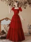 Fashion Burgundy Sequins Prom Dresses 2022 A-Line / Princess Square Neckline Puffy Short Sleeve Backless Bow Floor-Length / Long Formal Dresses