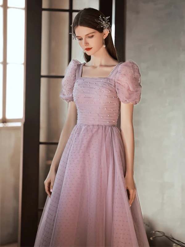 Chic / Belle Rougissant Rose Tachetée Robe De Bal 2022 Princesse Encolure Carrée Perle Manches Courtes Dos Nu Longue Robe De Ceremonie