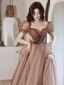 Chic / Beautiful Brown Prom Dresses 2022 A-Line / Princess Square Neckline Puffy Short Sleeve Rhinestone Backless Floor-Length / Long Formal Dresses