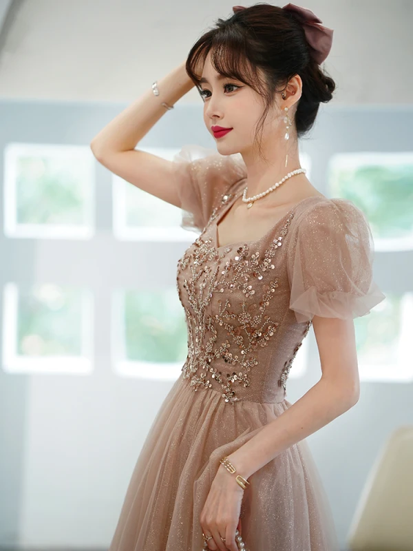 Charming Champagne Glitter Prom Dresses 2022 A-Line / Princess Scoop Neck Beading Sequins Short Sleeve Backless Floor-Length / Long Formal Dresses