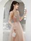 Charming Champagne Prom Dresses 2022 A-Line / Princess Scoop Neck Lace Sequins Beading Flower Sleeveless Floor-Length / Long Formal Dresses
