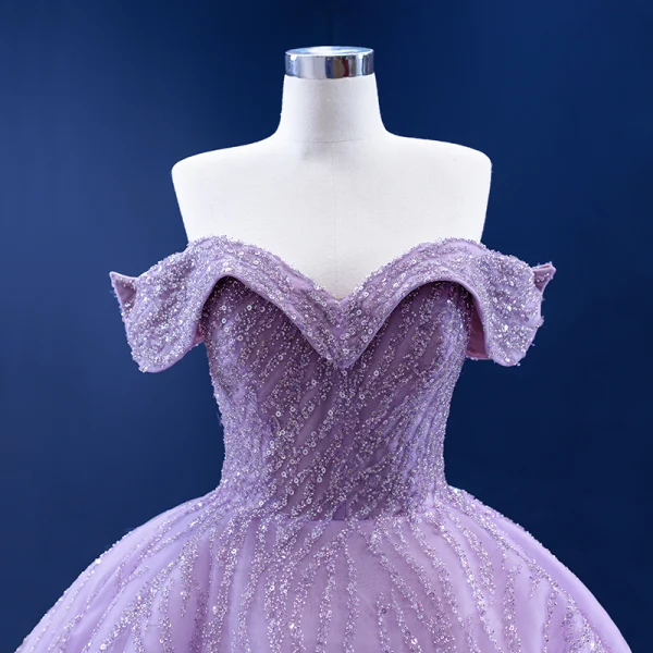 Luxury / Gorgeous High-end Lilac Prom Dresses 2022 Off-The-Shoulder Handmade  Beading Sequins Short Sleeve Backless Floor-Length / Long Formal Dresses