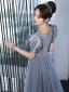 Elegant Sky Blue Beading Sequins Prom Dresses 2022 A-Line / Princess Scoop Neck Short Sleeve Floor-Length / Long Formal Dresses