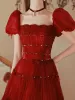 Charming Burgundy Prom Dresses 2022 A-Line / Princess Square Neckline Star Sequins Short Sleeve Backless Bow Floor-Length / Long Formal Dresses